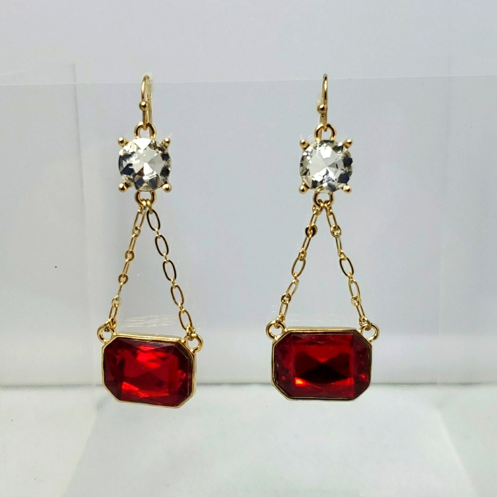 Bijou  red and clear stones gold chain dangle fish hook earrings